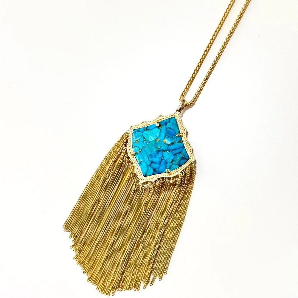 KENDRA SCOTT Kingston Gold Necklace w Turquoise  Stone Tassel Chain Pendant - Picture 4 of 12